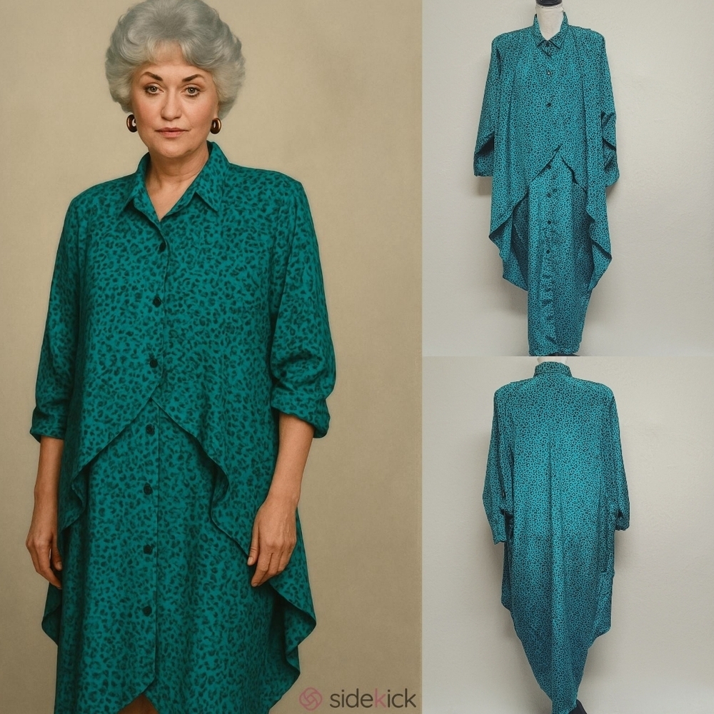 Stella Vintage 80s Dorothy Zbornack Teal Cheetah Print Layered Button Midi Dress